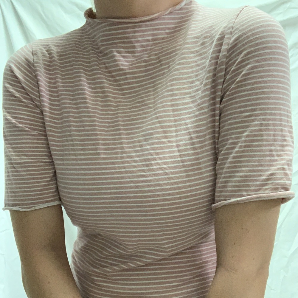 Mock Neck Pink and White Stripe Shirt